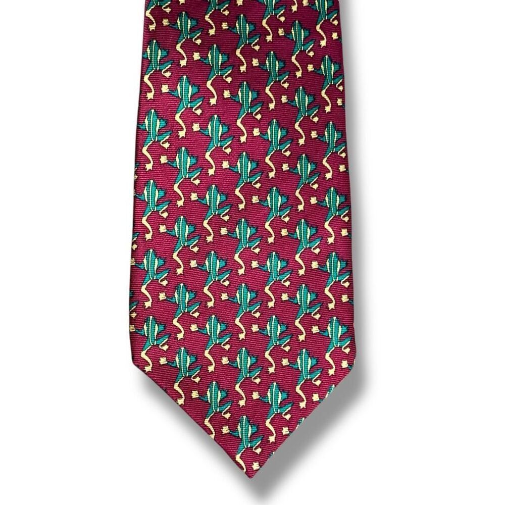 Vintage 90s Frog Print Silk Tie Burgundy Green Novelty Animal Print Necktie
